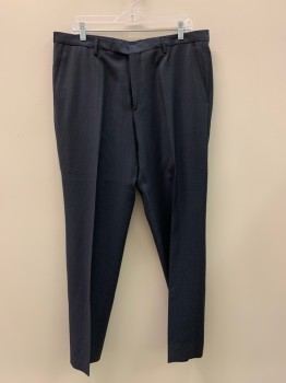 HUGO BOSS, Charcoal Gray, Navy Blue, Wool, Grid , F.F, Side Pockets, Zip Front, Belt Loops