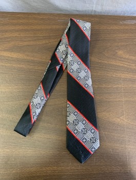 Mens, Tie, TERGAL, Black, Gray, Lt Gray, Red, Polyester, Stripes - Diagonal , Abstract 