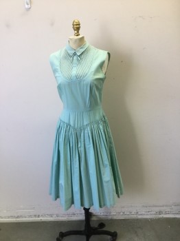 LEO DANAL, Aqua Blue, Cotton, Solid, Fitted Bodice with Open Work Detail at Yoke Front.tiny Collar, Sleevless. Skirt Pleated to Yoke at Waist, Zipper Center Back,