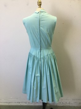 LEO DANAL, Aqua Blue, Cotton, Solid, Fitted Bodice with Open Work Detail at Yoke Front.tiny Collar, Sleevless. Skirt Pleated to Yoke at Waist, Zipper Center Back,