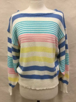COLLAGE, Cream, Blue, Yellow, Green, Pink, Acrylic, Stripes - Horizontal , Wide Neck, Long Sleeves