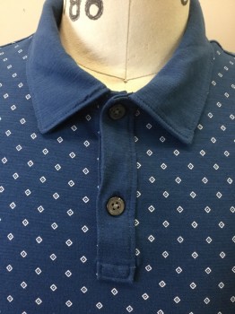 BANANA REPUBLIC, Navy Blue, Dk Orange, Cotton, Diamonds, Royal Blue with Small White Square Diamond Print, Solid Blue Collar Attached, & Placket Front, 2 Button Front, Short Sleeves, Side Split Hem