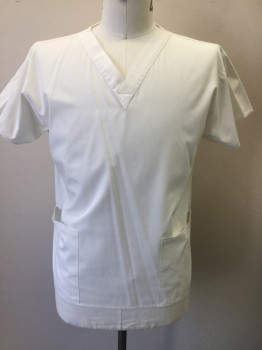 DICKIES, Off White, Cotton, Polyester, Solid, Off White, V-neck, Short Sleeves, 2 Pockets, Side Split Hem