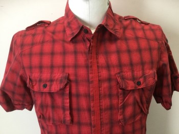 FULL CIRCLE, Black, Red, Black, Cotton, Plaid, Plaid-  Windowpane, Red with Black Tiny Grid & Shadow Windowpane Plaid, Collar Attached, Epaulettes, 2 Pockets with Flap, Short Sleeves with Cuffs & Small Pocket on Left Sleeves, Hidden Button Front, with 1/2" Solid Vertical Red Stripe Front Center