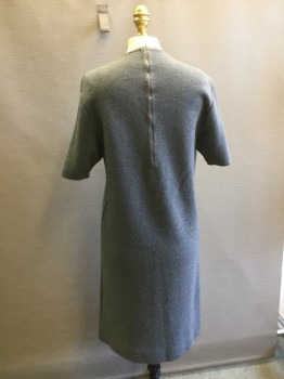 OHRBACH'S, Gray, Wool, Heathered, Double Knit Jersey, Crew Neck, Short Sleeves, 4 Covered Button Detail at Front, Fitted. Zipper Center Back,