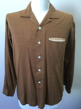 SLACK BAR, Brown, Beige, Cream, Cotton, Solid, with Dark Brown Crosshatched Streaks, Long Sleeve Button Front, Collar Attached, Beige and Cream Accent on 1 Welt Pocket at Chest,