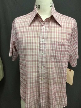 Mens, Casual Shirt, Royal Choice, White, Red Burgundy, Polyester, Plaid, M, Wide Collar Attached, Short Sleeve, 1 Pocket, Short Sleeve, Hole At Seam Left Shoulder