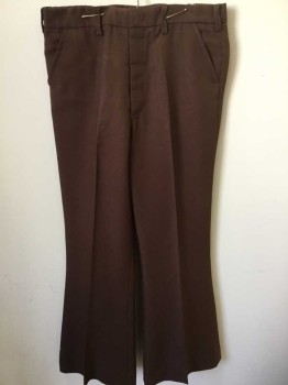 Mens, Slacks, N/L, Brown, Polyester, Solid, Ins:29, W:32, Twill Ribbed Poly, Flat Front, Zip Fly, 4 Pockets, Belt Loops, Boot Cut Leg,