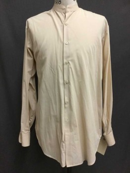 Beige, Cotton, Solid, Button Front, Collar Band, Long Sleeves,