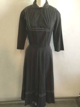 NELLY DON, Black, Charcoal Gray, Cotton, Solid, Plain Weave Cotton, with Charcoal Pom Pom Edge Stripes At Collar, Chest Yoke and On Skirt, 3/4 Sleeve, Peter Pan Collar, 4 Black Buttons At Center Front,  Full Half Circle Skirt, Side Zip, Lightly Padded Shoulders,
