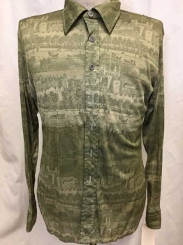 Mens, Casual Shirt, FABIANI, Olive Green, Dk Green, Polyester, Novelty Pattern, M, Novelty Pattern of Horse Drawn Carriages in Town, Trees, Buildings, Long Sleeves, Button Front, Collar Attached,