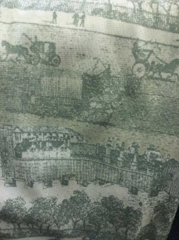 FABIANI, Olive Green, Dk Green, Polyester, Novelty Pattern, Novelty Pattern of Horse Drawn Carriages in Town, Trees, Buildings, Long Sleeves, Button Front, Collar Attached,