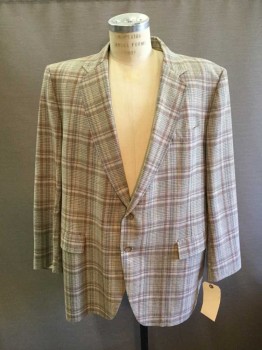 Mens, Blazer/Sport Co, KUPPENHEIMER, Lt Brown, Brown, Gray, Lt Blue, Plaid, 48L, Single Breasted, Collar Attached, Notched Lapel, 3 Pockets, 2 Buttons