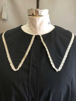  , Black, Off White, Polyester, Cotton, Solid, Black, Oversize Collar Attached  and Cuffs W/off White Lace Trim, Button Front, D-string Waist, Long Sleeves,