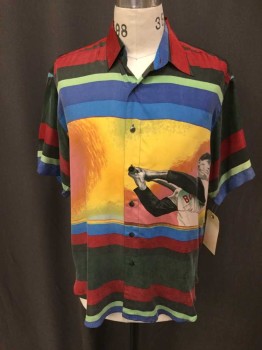 Mens, Casual Shirt, THE SHARPER IMAGE, Red, Blue, Forest Green, Lt Green, Yellow, Silk, Stripes, Novelty Pattern, S, Short Sleeve,  Collar Attached, Button Front, Striped with Ted Williams Batting On Back and Front