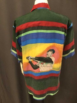 Mens, Casual Shirt, THE SHARPER IMAGE, Red, Blue, Forest Green, Lt Green, Yellow, Silk, Stripes, Novelty Pattern, S, Short Sleeve,  Collar Attached, Button Front, Striped with Ted Williams Batting On Back and Front