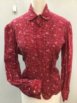 N/L, Dk Red, Cream, Cotton, Floral, Working Class Blouse, Tiny Floral Calico Print. Long Sleeves, Collar Attached, Hidden Button Front, with Pleats at Front. Some Sun Damage to Left Shoulder,