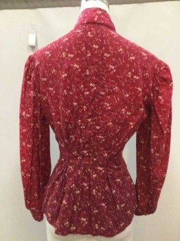 N/L, Dk Red, Cream, Cotton, Floral, Working Class Blouse, Tiny Floral Calico Print. Long Sleeves, Collar Attached, Hidden Button Front, with Pleats at Front. Some Sun Damage to Left Shoulder,
