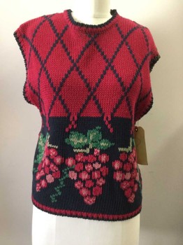 HETMSN GEIST, Red, Black, Pink, Green, Lt Green, Cotton, Argyle, Novelty Pattern, Pullover, Crew Neck, Bunches of Grapes