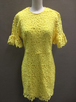 Womens, Dress, Short Sleeve, AQUA, Yellow, Polyester, Floral, Small, Short Sleeves, Round Neck,  Lace, Double,