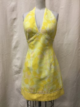 LAUNDRY, Yellow, Lt Yellow, Cream, White, Cotton, Abstract , Halter, Mini, Sun Dress, White Piping and Solid Hem, Pique