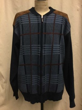 Mens, Cardigan Sweater, INSERCH, Magenta Purple, Navy Blue, French Blue, Brown, Synthetic, Solid, Plaid, 4 XL , Navy, French Blue/navy/brown Plaid Front, Zip Front, Brown Faux Suede Elbow & Shoulder Detail