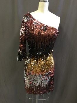 BEBE, Silver, Pink, Black, Gold, Red Burgundy, Spandex, Sequins, Abstract , One 1/2 Sleeve, Asymmetrical, Side Zipper,