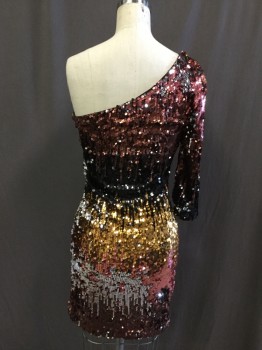 BEBE, Silver, Pink, Black, Gold, Red Burgundy, Spandex, Sequins, Abstract , One 1/2 Sleeve, Asymmetrical, Side Zipper,