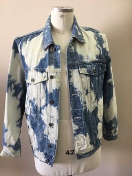 Mens, Jean Jacket, BARNEY COOLS, Blue, White, Cotton, L, White Bleach Stains, Button Front, 4 Pockets, Collar Attached, Button Tabs Side Waist
