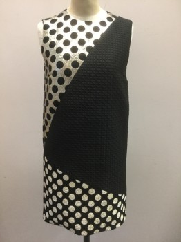 EMANUEL UNGARO, Black, Gold, Silver, Wool, Acrylic, Polka Dots, Geometric, Diagonal Panels of Geometric Quilted Solid Black, and Metallic Gold/Silver with Black Polka Dots, and Inverse Metallic Polka Dots on Black, Sleeveless Shift Dress, Round Neck, Hem Mini, Center Back and Side Zippers, High End/Designer