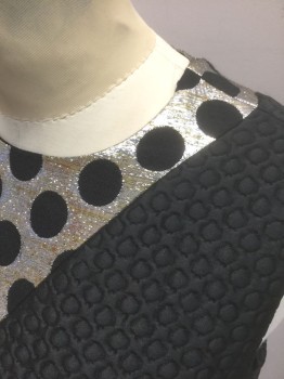 EMANUEL UNGARO, Black, Gold, Silver, Wool, Acrylic, Polka Dots, Geometric, Diagonal Panels of Geometric Quilted Solid Black, and Metallic Gold/Silver with Black Polka Dots, and Inverse Metallic Polka Dots on Black, Sleeveless Shift Dress, Round Neck, Hem Mini, Center Back and Side Zippers, High End/Designer