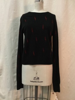 Womens, Pullover, EQUIPMENT, Black, Red, Cashmere, Novelty Pattern, XS, Black, Red Lightning Bolt Print, Crew Neck, Long Sleeves,