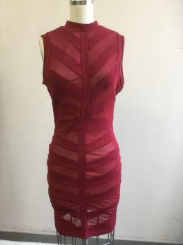 Womens, Dress, Sleeveless, PRIVY, Wine Red, Polyester, Spandex, Chevron, W 25, B 32, Mesh Inset Stripes, Mini, Keyhole Back with 2 Silver Bubble Buttons, Stretch
