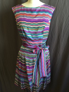 SHOSHANNA, Blue, Purple, Green, Red, Pink, Silk, Geometric, Rectangle Stacking Rainbow Color with Solid Royal Blue Lining, Wide Neck Front & V-back, Cap Sleeves, Dropped Waist with Large Accordion Pleat Skirt,  Zip Back, with 2.5" SELF BELT