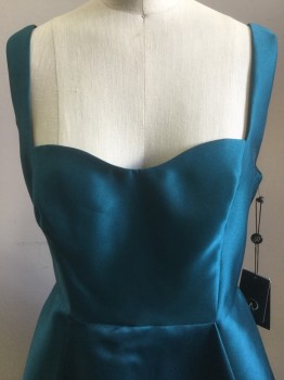 ADRIANNA PAPELL, Teal Blue, Polyester, Solid, Straps, Heart Shaped Neck, Side Slit Pockets, Full Skirt, High/ Low, Slip Underneath