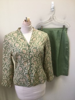 PAPELL, Sage Green, Beige, Silk, Polyester, Floral, with Floral Light Brown & Beige Print. V.neck Button Front in Sage Green Covered Buttons,