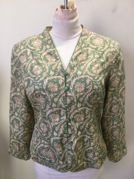 Womens, 1990s Vintage, Suit, Jacket, PAPELL, Sage Green, Beige, Silk, Polyester, Floral, 16p, with Floral Light Brown & Beige Print. V.neck Button Front in Sage Green Covered Buttons,