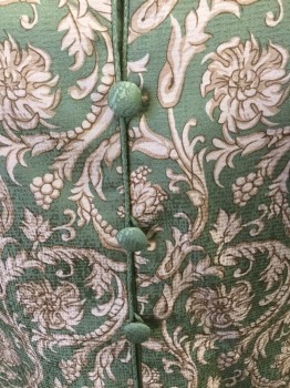 PAPELL, Sage Green, Beige, Silk, Polyester, Floral, with Floral Light Brown & Beige Print. V.neck Button Front in Sage Green Covered Buttons,