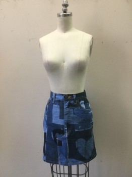 Womens, Skirt, Mini, MOSCHINO, Blue, Navy Blue, Lt Blue, Cotton, Novelty Pattern, W22, XS, Patchwork Denim Like Print with Patchwork Heart Shape at Bottom Left Front. Zip Fly, Slit Center Front, 5 + Pockets, Copper Peace Sign at Right Back Pocket