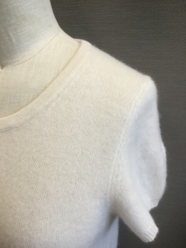 Womens, Pullover, C BY BLOOMINGDALES, Bone White, Cashmere, Solid, XS, Knit, Short Sleeves, Scoop Neck, Pullover