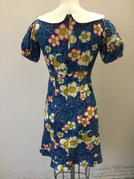 N/L, Multi-color, Blue, Cream, Pink, Red, Cotton, Floral, Cerulean Blue Background with Cream/Pink/Red/Yellow Psychedelic Floral Pattern, Solid Cream Peter Pan Collar, Scoop Neck, Puff Short Sleeves with Elastic Cuffs, Empire Waist, Hem Mini, **Has a Double in a Slightly Different Size