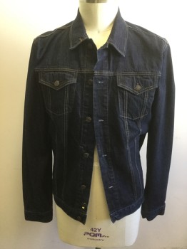 Mens, Jean Jacket, GAP, Dk Blue, Cotton, Solid, L, Button Front, Collar Attached, 4 Pockets, Long Sleeves, Back Waist Button Tabs