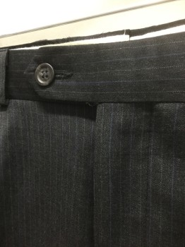 RALPH LAUREN , Charcoal Gray, Lt Blue, Lt Gray, Wool, Cashmere, Stripes - Pin, Charcoal with Light Blue/Light Gray Pinstripes, Double Pleated, Button Tab Waist, Zip Fly, 4 Pockets, Straight Leg