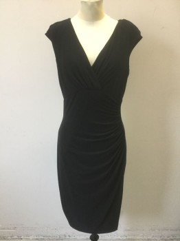 Womens, Dress, Sleeveless, RALPH LAUREN, Black, Polyester, Elastane, Solid, 6, Almost-Cap Sleeve, Gathered at Wrap V-neck, Ruched at Side Seam, Knee Length