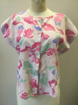 STOPLIGHT, Lt Pink, Paprika Red, Mint Green, Lavender Purple, Cotton, Floral, Abstract , Light Pink with Pink/Lavender/Mint Flowers, Short Dolman Sleeves, Round Neck, Button Front,