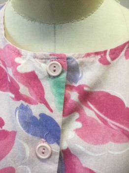STOPLIGHT, Lt Pink, Paprika Red, Mint Green, Lavender Purple, Cotton, Floral, Abstract , Light Pink with Pink/Lavender/Mint Flowers, Short Dolman Sleeves, Round Neck, Button Front,