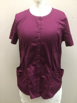 CHEROKEE, Wine Red, Poly/Cotton, Solid, Scoop Neck, Snap Front Closure, Short Sleeves, 4 Pockets,