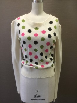Womens, Pullover Sweater, MILLY, Off White, Pink, Olive Green, Black, Viscose, Wool, Polka Dots, S, Detailed Ribbed Knit Scoop Neck/Cuff/Waistband, Gathered at Top Shoulder Inset