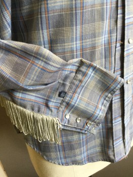 Mens, Western, ROCKMOUNT, Gray, Steel Blue, Baby Blue, Rust Orange, Beige, Polyester, Cotton, Plaid, Plaid-  Windowpane, 35, 17.5, Collar Attached, Pearly Light Gray with Silver Trim Snap Front, Yoke Front & Back, Under Sleeves with Light Gray Fringe, Curved Hem