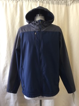 PORT AUTHORITY, Navy Blue, Gray, Polyester, Color Blocking, Zip Front, 3 Zip Pockets, Drawstring Hood